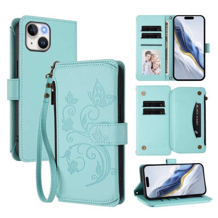 Butterfly Love Flower Multi-card Zipper Wallet Leather Phone Case, For iPhone 15, For iPhone 14 Plus, For iPhone 14 / 13, For iPhone 14 Pro, For iPhone 14 Pro Max, For iPhone 7 / 8 / SE 2022