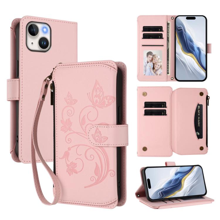 Butterfly Love Flower Multi-card Zipper Wallet Leather Phone Case, For iPhone 15, For iPhone 14 Plus, For iPhone 14 / 13, For iPhone 14 Pro, For iPhone 14 Pro Max, For iPhone 7 / 8 / SE 2022