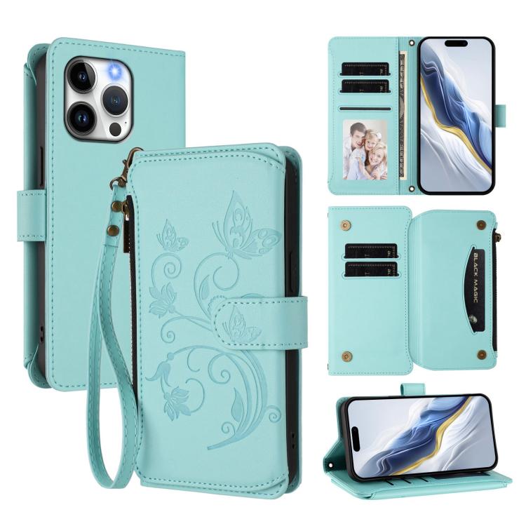 Butterfly Love Flower Multi-card Zipper Wallet Leather Phone Case, For iPhone 15, For iPhone 14 Plus, For iPhone 14 / 13, For iPhone 14 Pro, For iPhone 14 Pro Max, For iPhone 7 / 8 / SE 2022