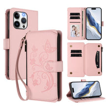 Load image into Gallery viewer, Butterfly Love Flower Multi-card Zipper Wallet Leather Phone Case, For iPhone 15, For iPhone 14 Plus, For iPhone 14 / 13, For iPhone 14 Pro, For iPhone 14 Pro Max, For iPhone 7 / 8 / SE 2022