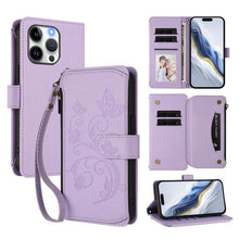 Load image into Gallery viewer, Butterfly Love Flower Multi-card Zipper Wallet Leather Phone Case, For iPhone 15, For iPhone 14 Plus, For iPhone 14 / 13, For iPhone 14 Pro, For iPhone 14 Pro Max, For iPhone 7 / 8 / SE 2022