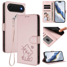 Load image into Gallery viewer, Embossed Heart Cat Leather Phone Case with Hand Strap, For iPhone Air, For iPhone 16 Pro Max, For iPhone 16 Pro, For iPhone 16 Plus