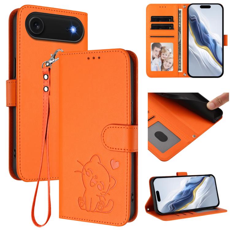 Embossed Heart Cat Leather Phone Case with Hand Strap, For iPhone Air, For iPhone 16 Pro Max, For iPhone 16 Pro, For iPhone 16 Plus