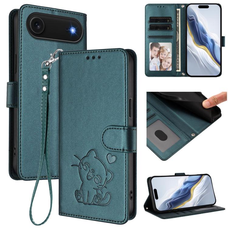 Embossed Heart Cat Leather Phone Case with Hand Strap, For iPhone Air, For iPhone 16 Pro Max, For iPhone 16 Pro, For iPhone 16 Plus