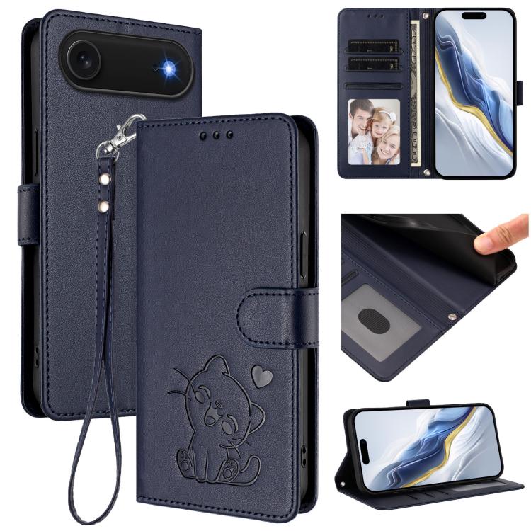 Embossed Heart Cat Leather Phone Case with Hand Strap, For iPhone Air, For iPhone 16 Pro Max, For iPhone 16 Pro, For iPhone 16 Plus