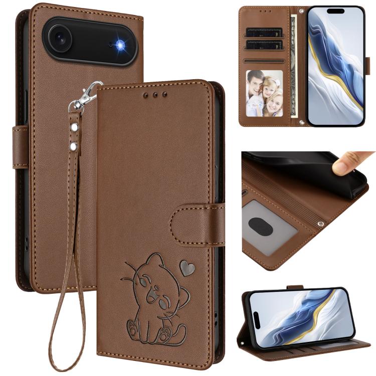 Embossed Heart Cat Leather Phone Case with Hand Strap, For iPhone Air, For iPhone 16 Pro Max, For iPhone 16 Pro, For iPhone 16 Plus