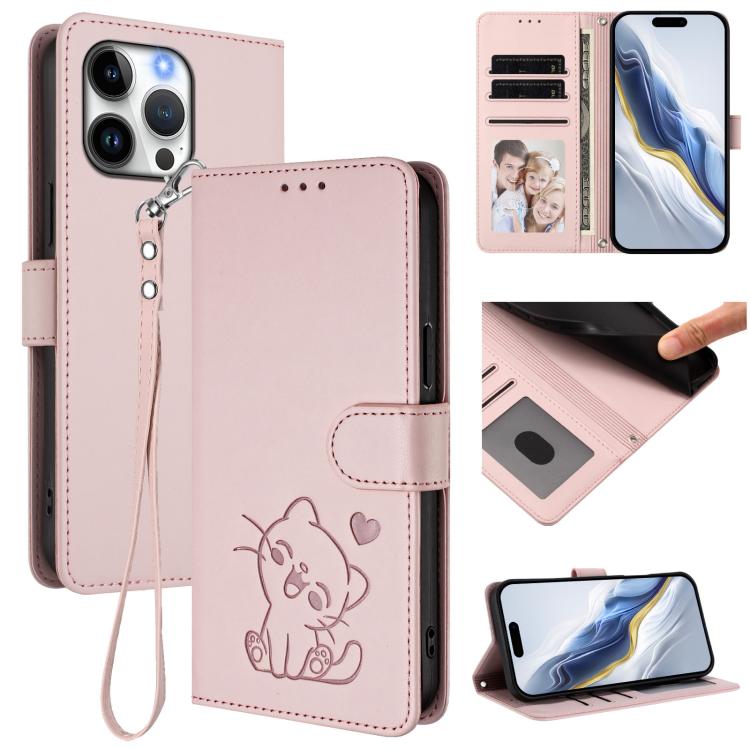 Embossed Heart Cat Leather Phone Case with Hand Strap, For iPhone Air, For iPhone 16 Pro Max, For iPhone 16 Pro, For iPhone 16 Plus