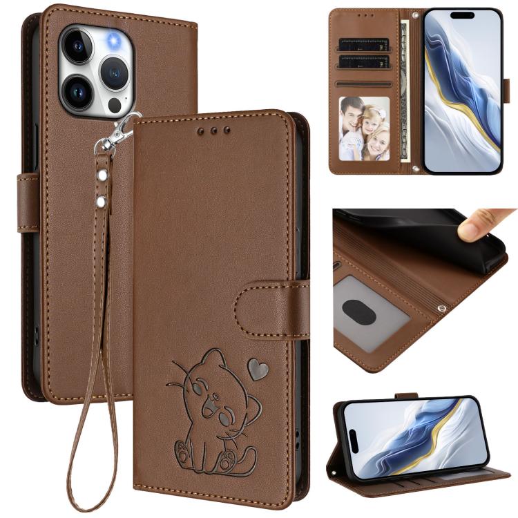 Embossed Heart Cat Leather Phone Case with Hand Strap, For iPhone Air, For iPhone 16 Pro Max, For iPhone 16 Pro, For iPhone 16 Plus