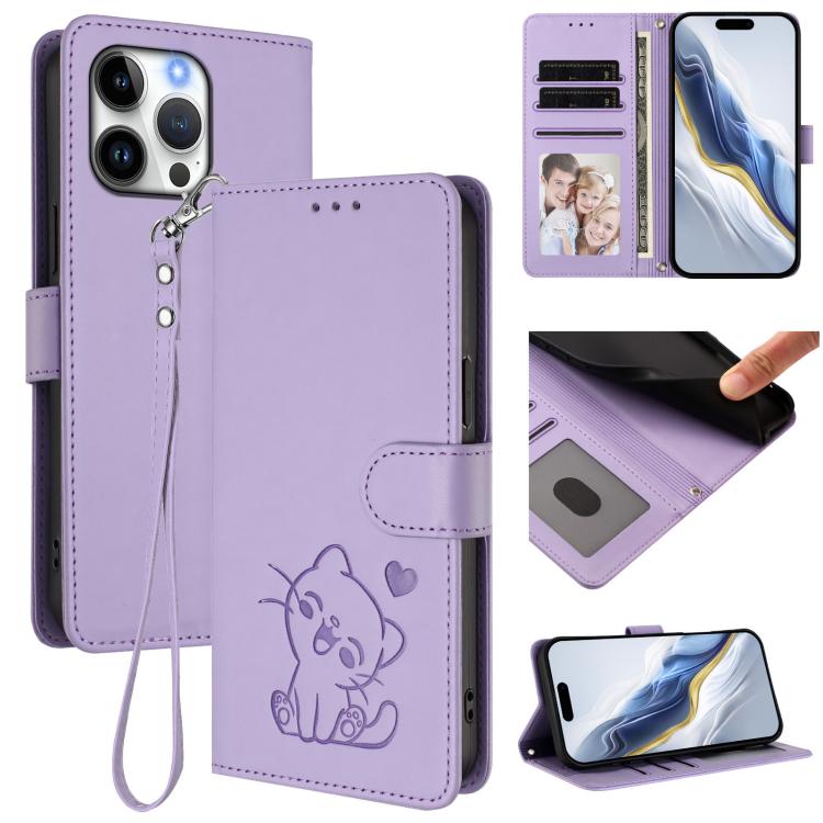 Embossed Heart Cat Leather Phone Case with Hand Strap, For iPhone Air, For iPhone 16 Pro Max, For iPhone 16 Pro, For iPhone 16 Plus