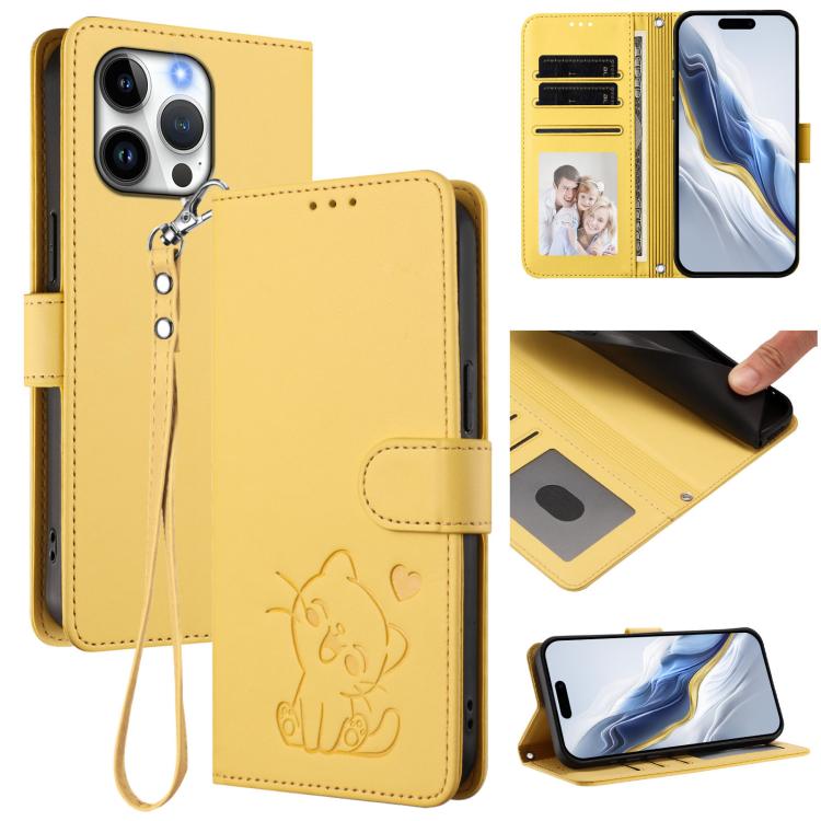 Embossed Heart Cat Leather Phone Case with Hand Strap, For iPhone Air, For iPhone 16 Pro Max, For iPhone 16 Pro, For iPhone 16 Plus