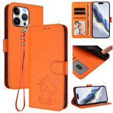 Load image into Gallery viewer, Embossed Heart Cat Leather Phone Case with Hand Strap, For iPhone Air, For iPhone 16 Pro Max, For iPhone 16 Pro, For iPhone 16 Plus