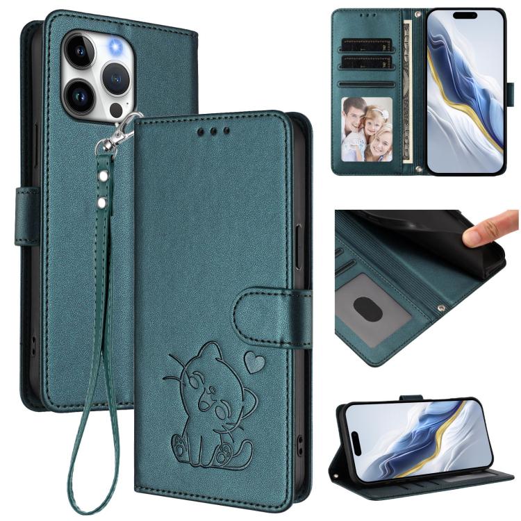 Embossed Heart Cat Leather Phone Case with Hand Strap, For iPhone Air, For iPhone 16 Pro Max, For iPhone 16 Pro, For iPhone 16 Plus