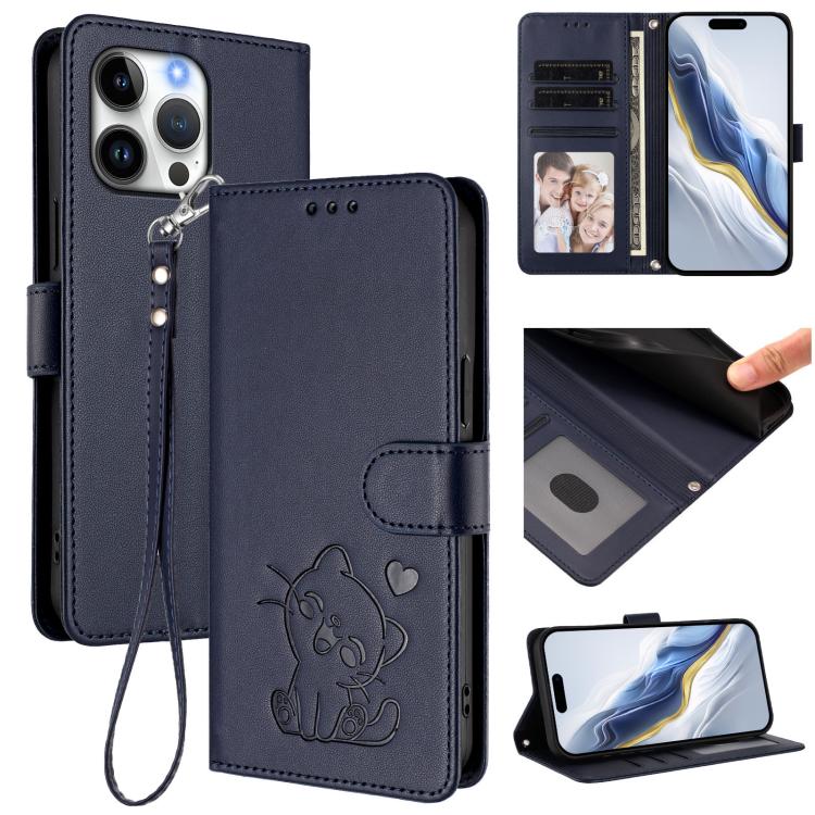 Embossed Heart Cat Leather Phone Case with Hand Strap, For iPhone Air, For iPhone 16 Pro Max, For iPhone 16 Pro, For iPhone 16 Plus