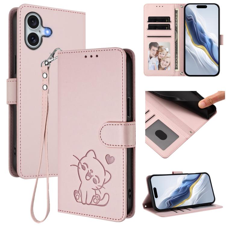 Embossed Heart Cat Leather Phone Case with Hand Strap, For iPhone Air, For iPhone 16 Pro Max, For iPhone 16 Pro, For iPhone 16 Plus