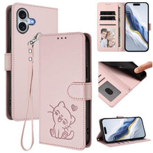 Load image into Gallery viewer, Embossed Heart Cat Leather Phone Case with Hand Strap, For iPhone Air, For iPhone 16 Pro Max, For iPhone 16 Pro, For iPhone 16 Plus