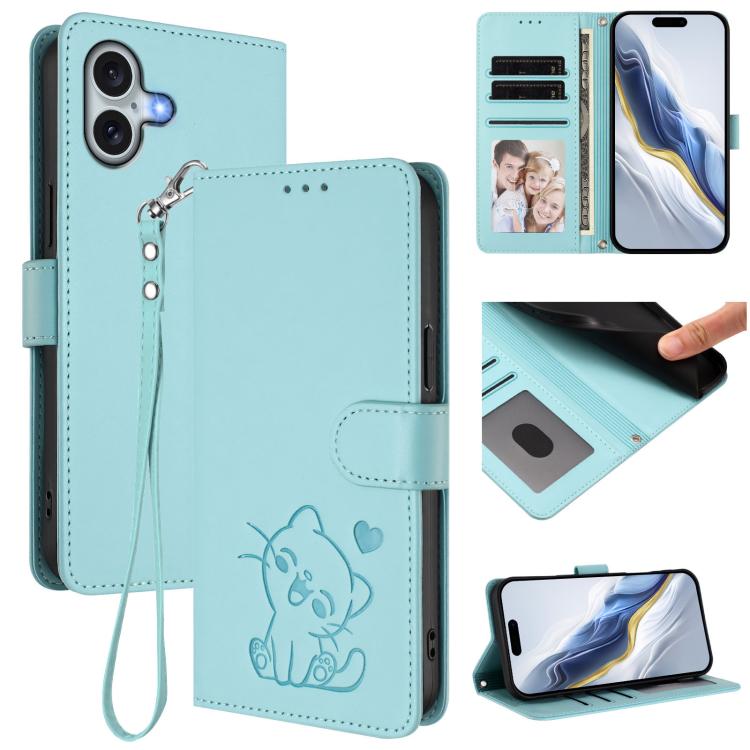 Embossed Heart Cat Leather Phone Case with Hand Strap, For iPhone Air, For iPhone 16 Pro Max, For iPhone 16 Pro, For iPhone 16 Plus