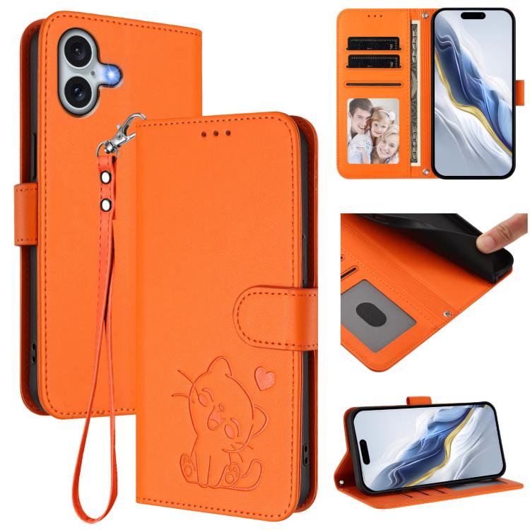 Embossed Heart Cat Leather Phone Case with Hand Strap, For iPhone Air, For iPhone 16 Pro Max, For iPhone 16 Pro, For iPhone 16 Plus
