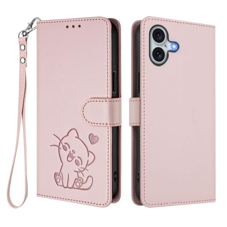 Embossed Heart Cat Leather Phone Case with Hand Strap, For iPhone 16, For iPhone 15 Pro Max, For iPhone 15 Pro, For iPhone 15 Plus