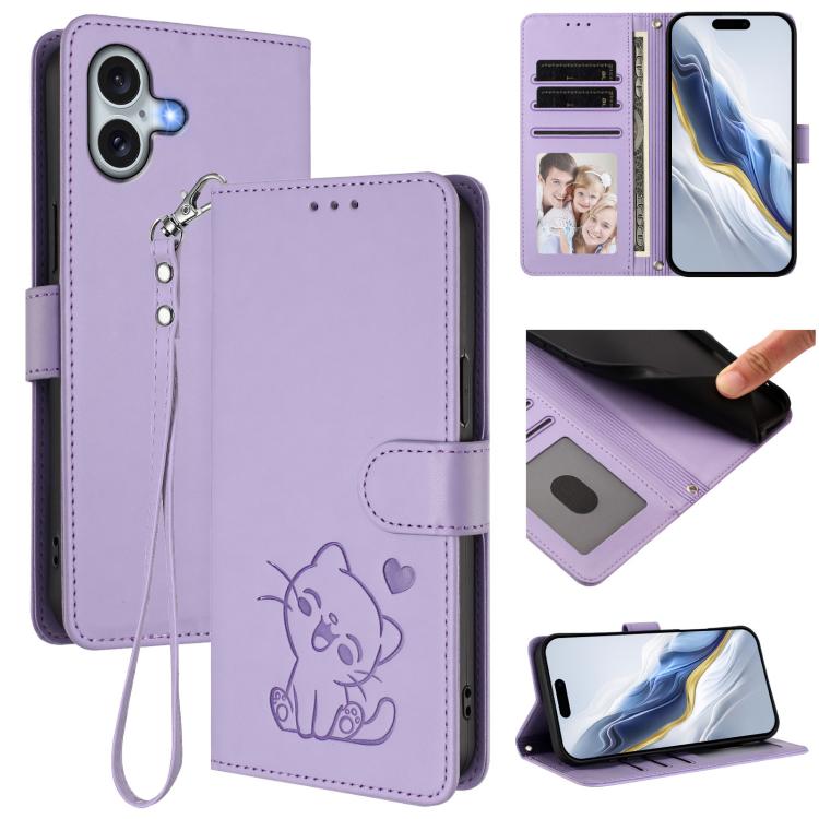 Embossed Heart Cat Leather Phone Case with Hand Strap, For iPhone 16, For iPhone 15 Pro Max, For iPhone 15 Pro, For iPhone 15 Plus