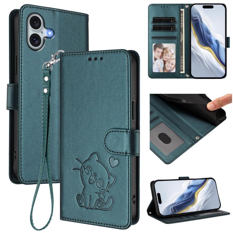 Embossed Heart Cat Leather Phone Case with Hand Strap, For iPhone 16, For iPhone 15 Pro Max, For iPhone 15 Pro, For iPhone 15 Plus