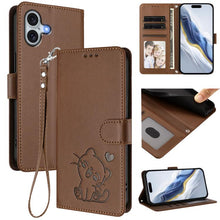 Load image into Gallery viewer, Embossed Heart Cat Leather Phone Case with Hand Strap, For iPhone 16, For iPhone 15 Pro Max, For iPhone 15 Pro, For iPhone 15 Plus