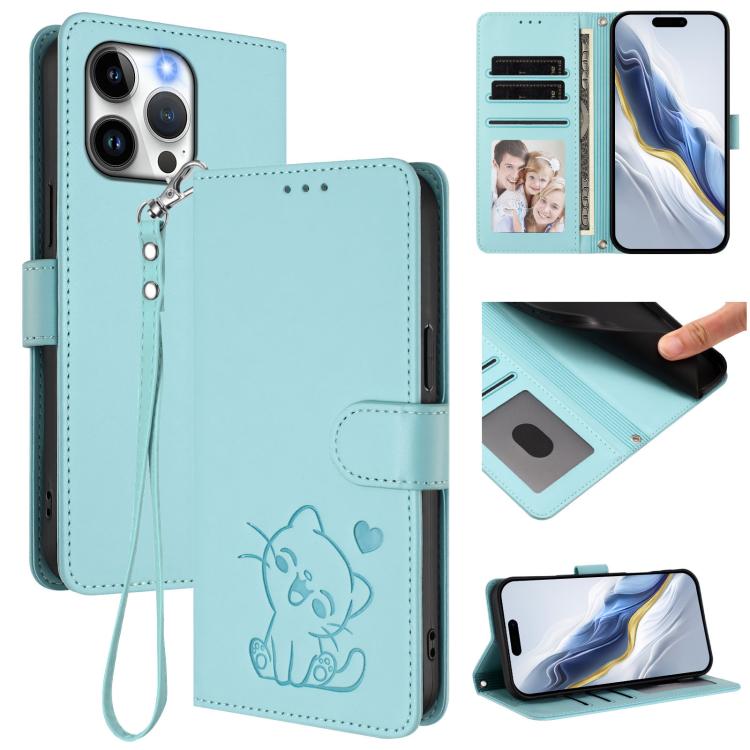 Embossed Heart Cat Leather Phone Case with Hand Strap, For iPhone 16, For iPhone 15 Pro Max, For iPhone 15 Pro, For iPhone 15 Plus