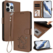 Load image into Gallery viewer, Embossed Heart Cat Leather Phone Case with Hand Strap, For iPhone 16, For iPhone 15 Pro Max, For iPhone 15 Pro, For iPhone 15 Plus