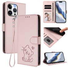 Load image into Gallery viewer, Embossed Heart Cat Leather Phone Case with Hand Strap, For iPhone 16, For iPhone 15 Pro Max, For iPhone 15 Pro, For iPhone 15 Plus