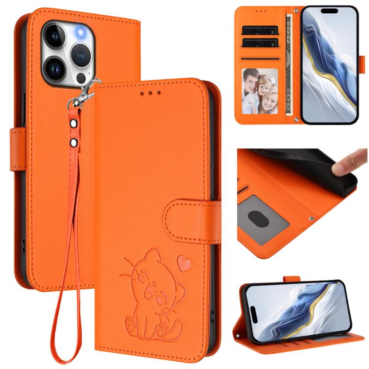 Embossed Heart Cat Leather Phone Case with Hand Strap, For iPhone 16, For iPhone 15 Pro Max, For iPhone 15 Pro, For iPhone 15 Plus