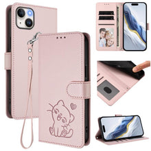 Load image into Gallery viewer, Embossed Heart Cat Leather Phone Case with Hand Strap, For iPhone 16, For iPhone 15 Pro Max, For iPhone 15 Pro, For iPhone 15 Plus