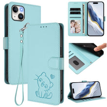Load image into Gallery viewer, Embossed Heart Cat Leather Phone Case with Hand Strap, For iPhone 16, For iPhone 15 Pro Max, For iPhone 15 Pro, For iPhone 15 Plus