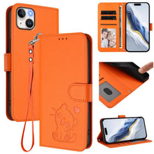 Load image into Gallery viewer, Embossed Heart Cat Leather Phone Case with Hand Strap, For iPhone 16, For iPhone 15 Pro Max, For iPhone 15 Pro, For iPhone 15 Plus