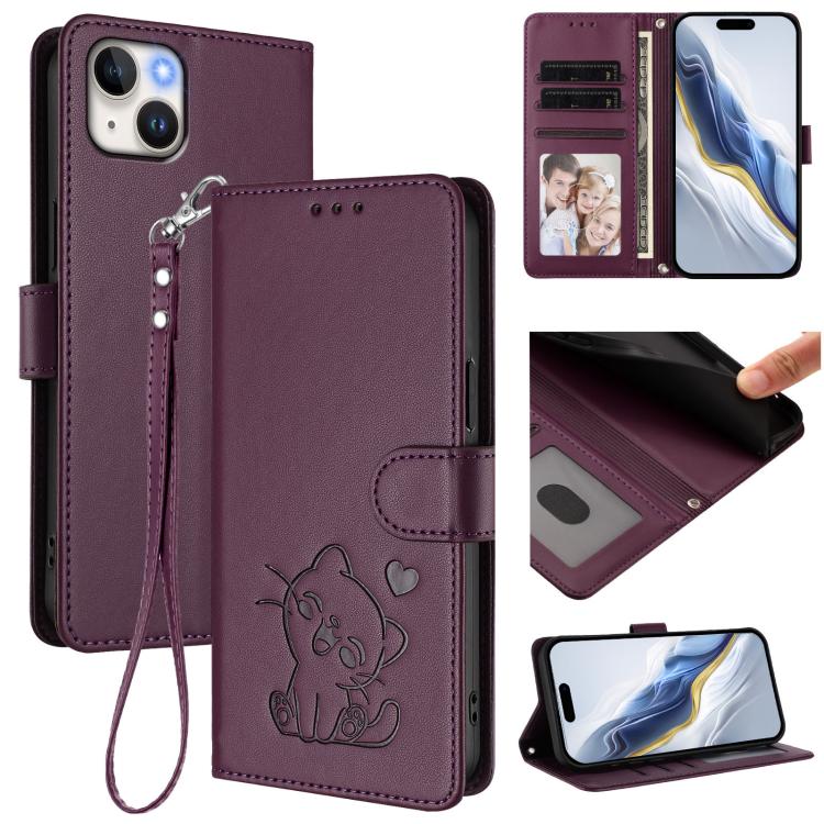 Embossed Heart Cat Leather Phone Case with Hand Strap, For iPhone 16, For iPhone 15 Pro Max, For iPhone 15 Pro, For iPhone 15 Plus
