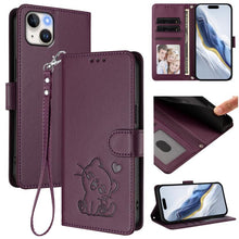 Load image into Gallery viewer, Embossed Heart Cat Leather Phone Case with Hand Strap, For iPhone 16, For iPhone 15 Pro Max, For iPhone 15 Pro, For iPhone 15 Plus
