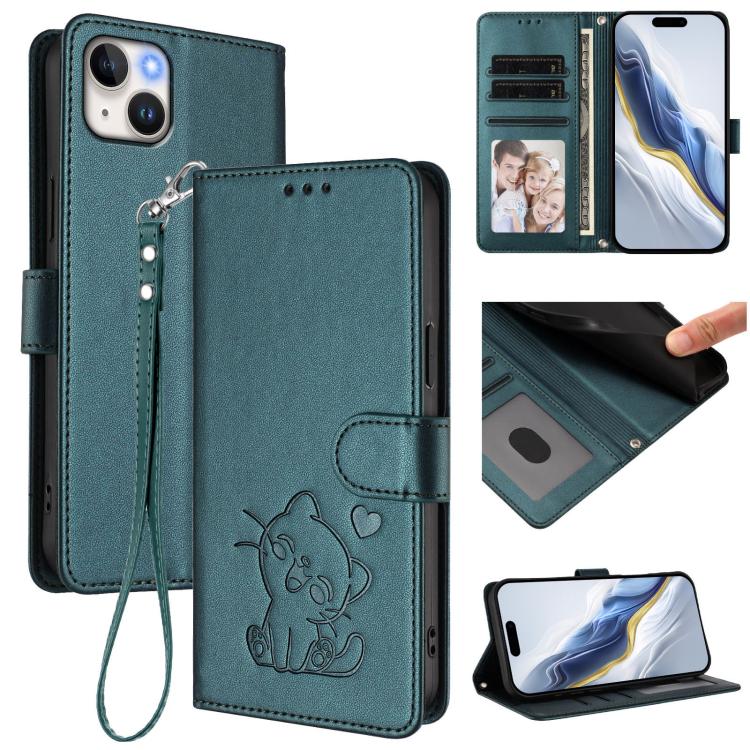 Embossed Heart Cat Leather Phone Case with Hand Strap, For iPhone 16, For iPhone 15 Pro Max, For iPhone 15 Pro, For iPhone 15 Plus