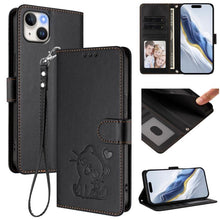 Load image into Gallery viewer, Embossed Heart Cat Leather Phone Case with Hand Strap, For iPhone 16, For iPhone 15 Pro Max, For iPhone 15 Pro, For iPhone 15 Plus