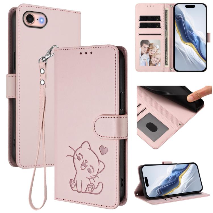 Embossed Heart Cat Leather Phone Case with Hand Strap, For iPhone 14 Pro Max, For iPhone 7 / 8 / SE 2022, For iPhone 13 Pro Max, For iPhone 13 Pro