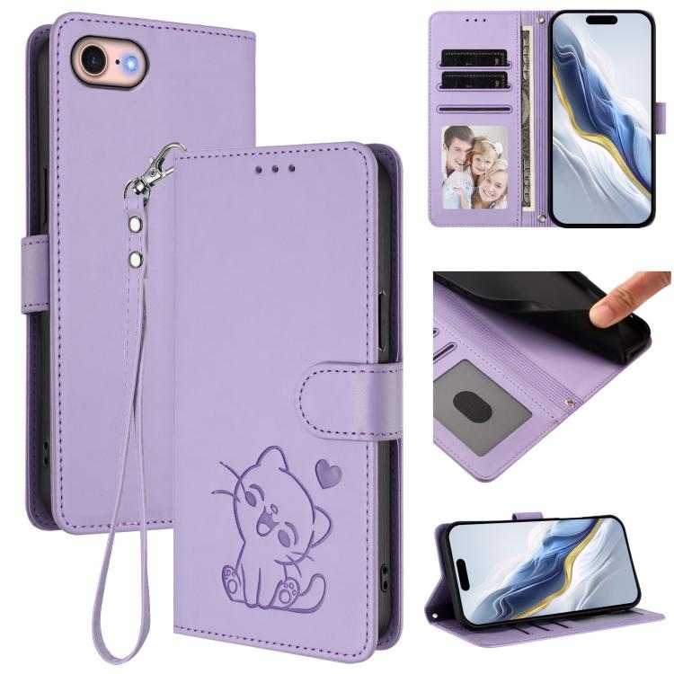 Embossed Heart Cat Leather Phone Case with Hand Strap, For iPhone 14 Pro Max, For iPhone 7 / 8 / SE 2022, For iPhone 13 Pro Max, For iPhone 13 Pro