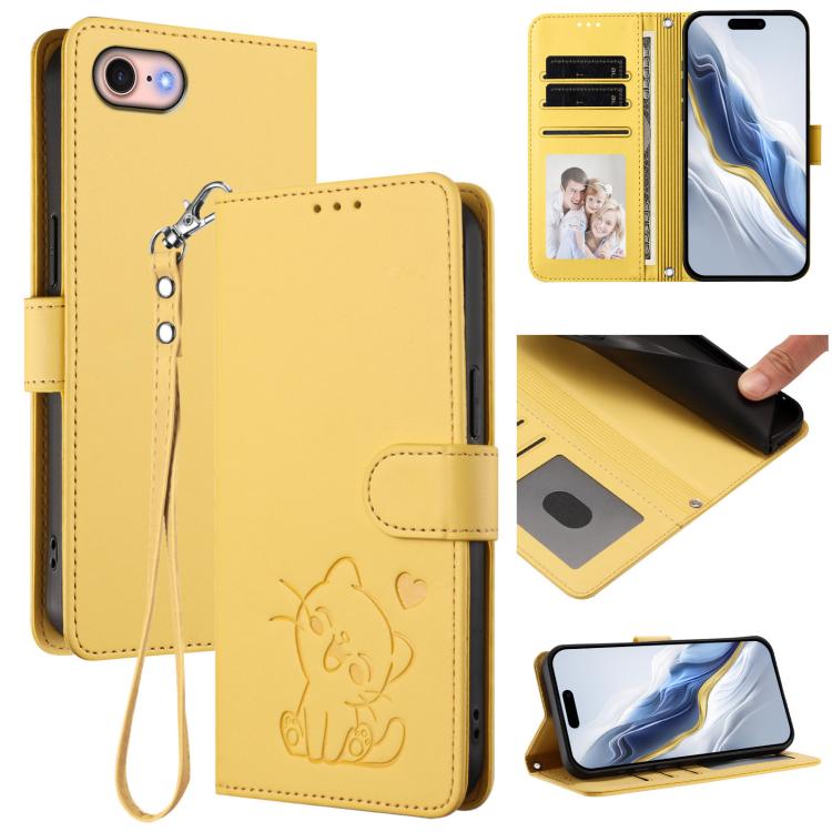Embossed Heart Cat Leather Phone Case with Hand Strap, For iPhone 14 Pro Max, For iPhone 7 / 8 / SE 2022, For iPhone 13 Pro Max, For iPhone 13 Pro