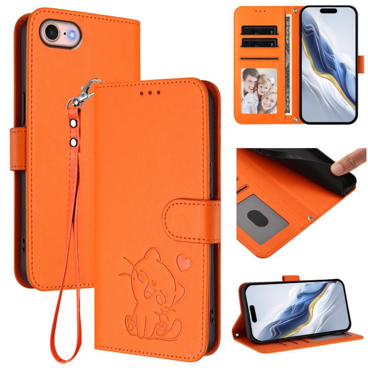Embossed Heart Cat Leather Phone Case with Hand Strap, For iPhone 14 Pro Max, For iPhone 7 / 8 / SE 2022, For iPhone 13 Pro Max, For iPhone 13 Pro