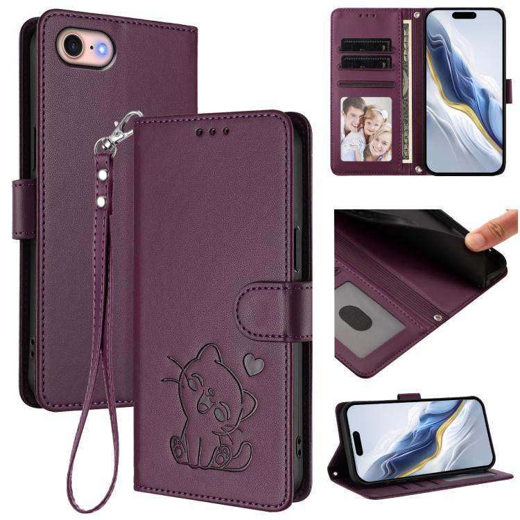 Embossed Heart Cat Leather Phone Case with Hand Strap, For iPhone 14 Pro Max, For iPhone 7 / 8 / SE 2022, For iPhone 13 Pro Max, For iPhone 13 Pro