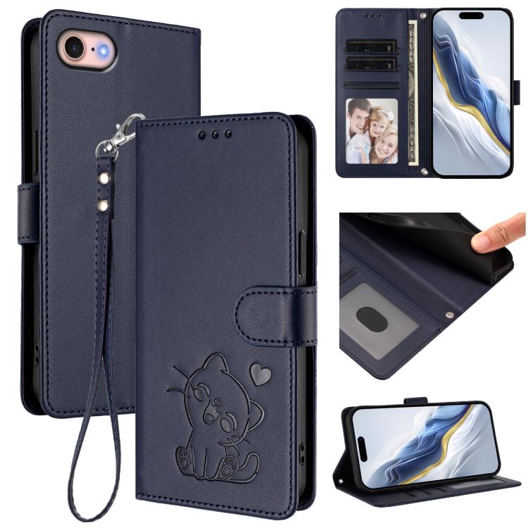 Embossed Heart Cat Leather Phone Case with Hand Strap, For iPhone 14 Pro Max, For iPhone 7 / 8 / SE 2022, For iPhone 13 Pro Max, For iPhone 13 Pro