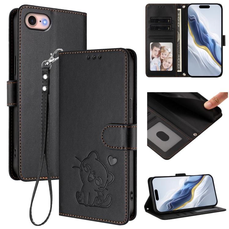 Embossed Heart Cat Leather Phone Case with Hand Strap, For iPhone 14 Pro Max, For iPhone 7 / 8 / SE 2022, For iPhone 13 Pro Max, For iPhone 13 Pro