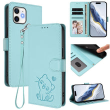 Load image into Gallery viewer, Embossed Heart Cat Leather Phone Case with Hand Strap, For iPhone 13 mini, For iPhone 12 / 12 Pro, For iPhone 12 Pro Max, For iPhone 12 mini