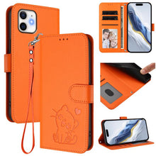 Load image into Gallery viewer, Embossed Heart Cat Leather Phone Case with Hand Strap, For iPhone 13 mini, For iPhone 12 / 12 Pro, For iPhone 12 Pro Max, For iPhone 12 mini