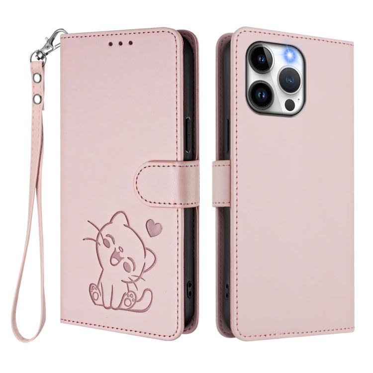 Embossed Heart Cat Leather Phone Case with Hand Strap, For iPhone 14 Pro Max, For iPhone 7 / 8 / SE 2022, For iPhone 13 Pro Max, For iPhone 13 Pro