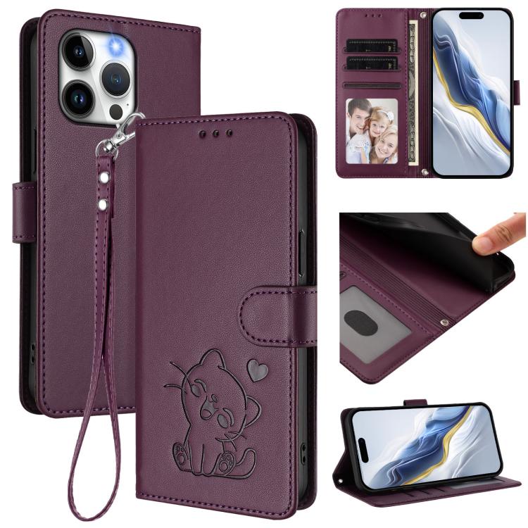 Embossed Heart Cat Leather Phone Case with Hand Strap, For iPhone 14 Pro Max, For iPhone 7 / 8 / SE 2022, For iPhone 13 Pro Max, For iPhone 13 Pro