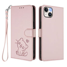 Load image into Gallery viewer, Embossed Heart Cat Leather Phone Case with Hand Strap, For iPhone 13 mini, For iPhone 12 / 12 Pro, For iPhone 12 Pro Max, For iPhone 12 mini