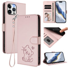Load image into Gallery viewer, Embossed Heart Cat Leather Phone Case with Hand Strap, For iPhone 13 mini, For iPhone 12 / 12 Pro, For iPhone 12 Pro Max, For iPhone 12 mini