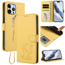 Load image into Gallery viewer, Embossed Heart Cat Leather Phone Case with Hand Strap, For iPhone 13 mini, For iPhone 12 / 12 Pro, For iPhone 12 Pro Max, For iPhone 12 mini